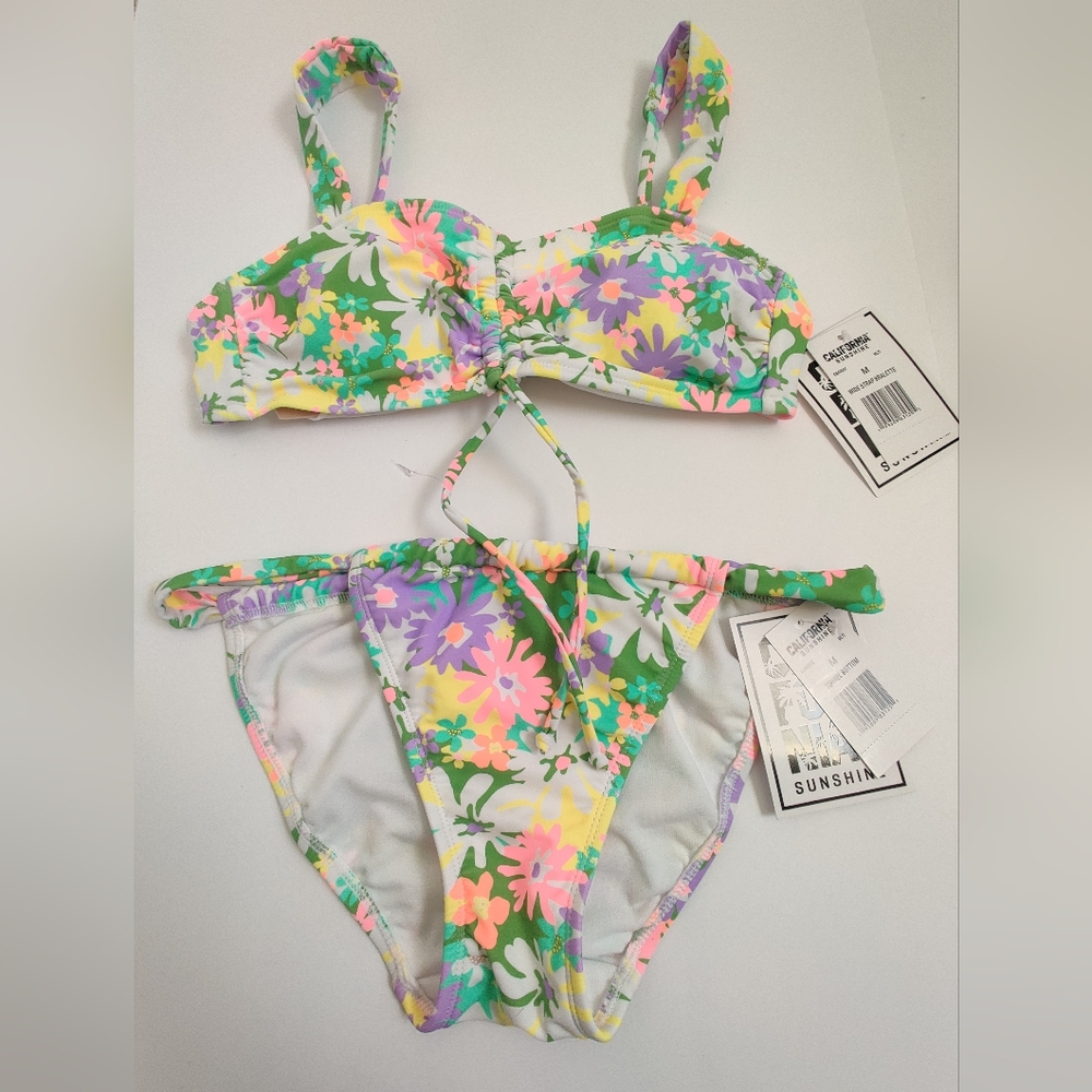 🆕 California Sunshine colorful floral wide strap bralette & tunnel Bikini Set_M